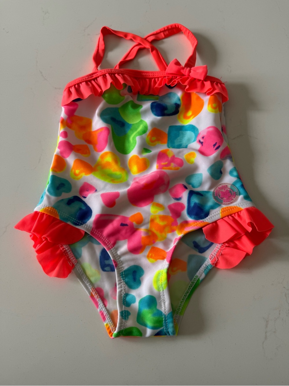 Body Glove Girls Neon Multi-Color Heart Ruffle One-Piece Swimsuit - Coral Trim